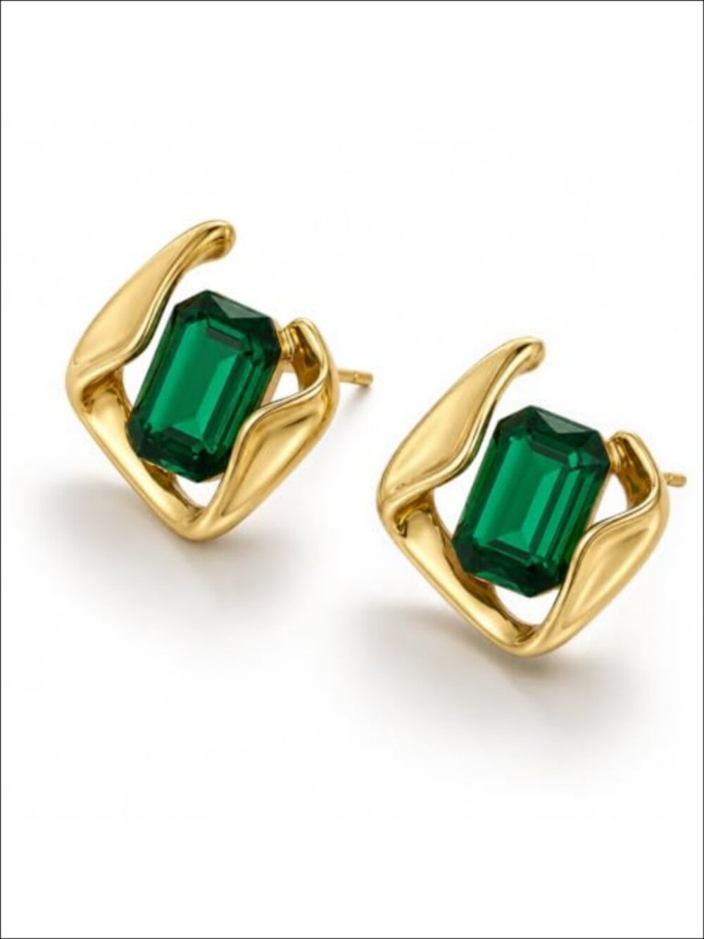Emerald Stud Earrings Gold Plated Brass Hypoallergenic Vintage Gift for Her